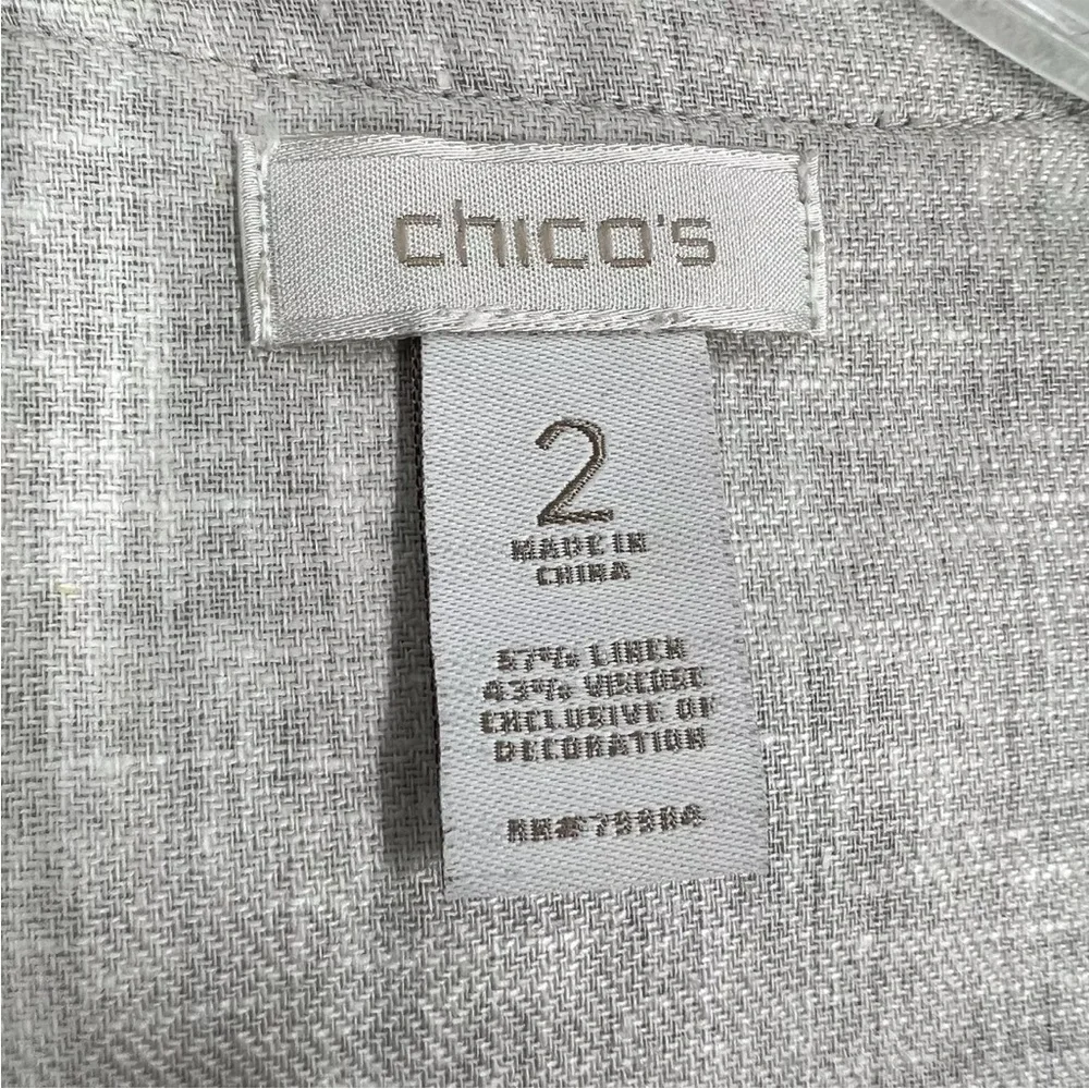 Chicos Linen Blend Blazer Size 2 Beige Open Front Snakeskin Print Trim Large